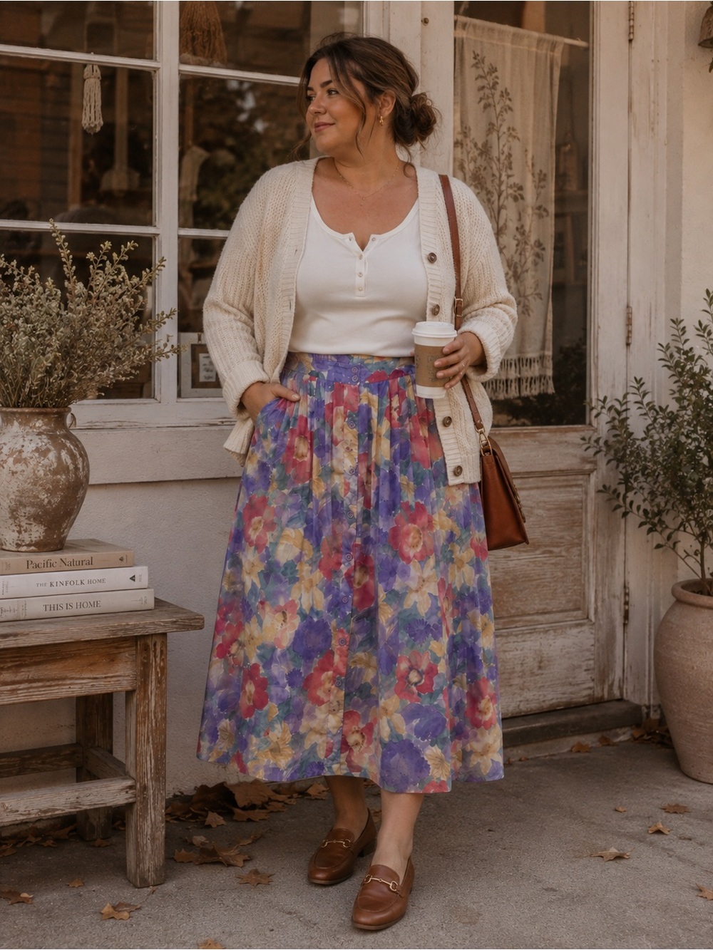 89.) Vintage / Midi Skirt in Multicolor Floral - Cottagecore